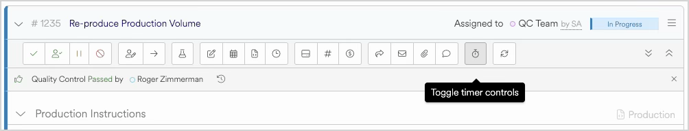 Production volume task assigned to QC team with quality control status displayed.
